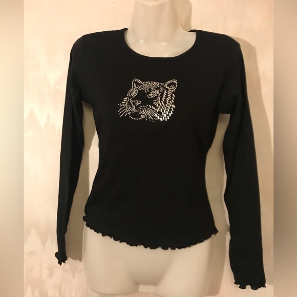 NEW RARE Steve Madden Y2K Rhinestone Long Sleeve Ribbed Shirt Cheetah Grunge - Picture 1 of 2